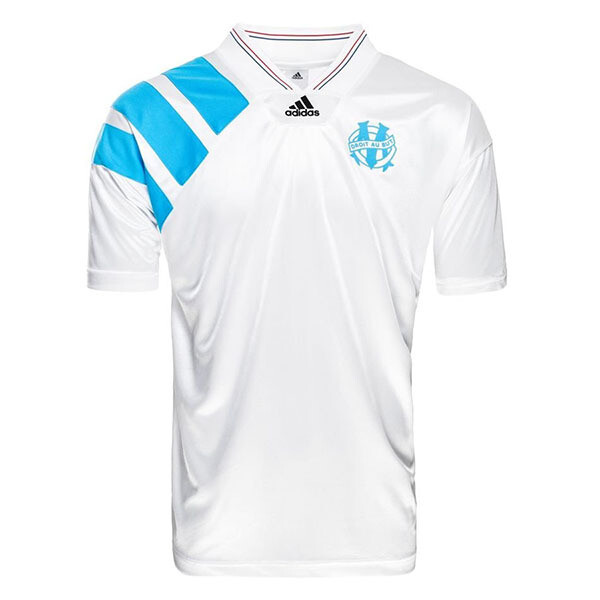 1993 champions league final kits Marseille white blue Adidas stripes Panasonic retro football kit