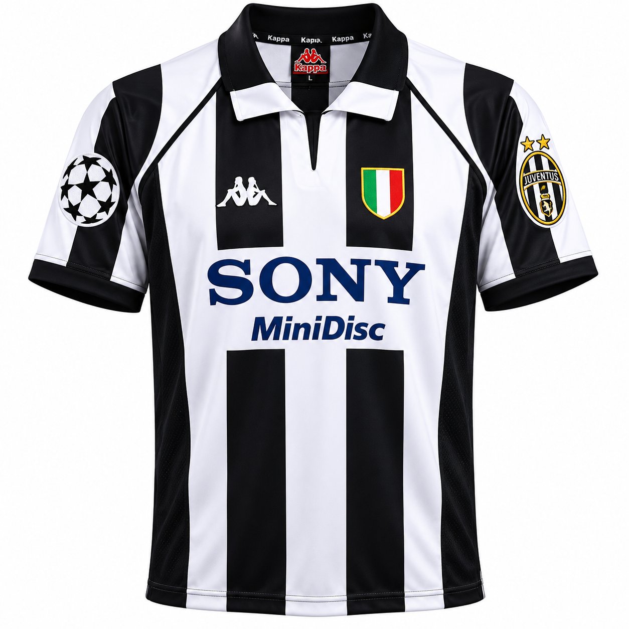 1998 champions league final kits Juventus black white stripes Kappa Sony MiniDisc vintage football shirt